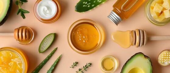 An array of natural beauty products including coconut oil, avocado, aloe vera, and honey is beautifully arranged for skincare inspiration, highlighting organic ingredients