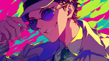 Naklejka premium a male detective worker, anime style, cute kawaii, simple, smiling happy, neon psychedelic background
