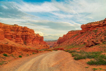 View of the Charyn Canyon at sunset. South-Eastern Kazakhstan.