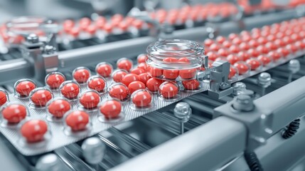Obraz premium State-of-the-Art Conveyor System Transporting Blister Packs with Tablets for Final Pharmaceutical Packaging - Ultra Detail 32K, Generative Ai