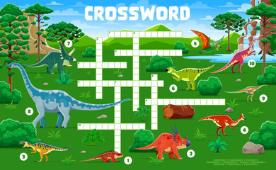 Crossword quiz game grid with prehistoric dinosaurs and cartoon dino, vector worksheet. Kids crossword quiz game to guess Jurassic dinosaurs, giant lizards and reptiles names in prehistoric forest