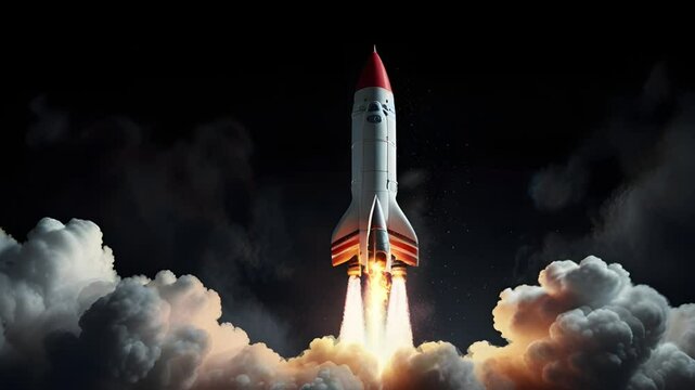 A rocket is launching, emitting fire and white smoke, black background. Seamless 4K looping timelapse video animation background