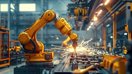 Fototapeta premium 3D Rendering of Industrial Robot Arm Working on Metal Part in Factory with Blurred Background and Modern Equipment