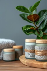 This display showcases eco-friendly beauty products in natural wooden and white containers, elegantly placed next to soft towels and lush plants against a calming backdrop