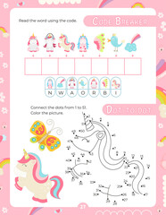 Activity Pages for Kids. Printable Activity Sheet with Unicorn Activities – find the way, dot to dot. Vector illustration.