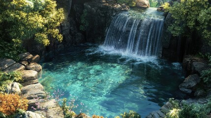 Crystal-clear waterfall plunging into a tranquil pool, abundant copy area.