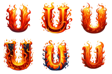 U - alphabet letters made from fire, in cartoon style, isolated white background