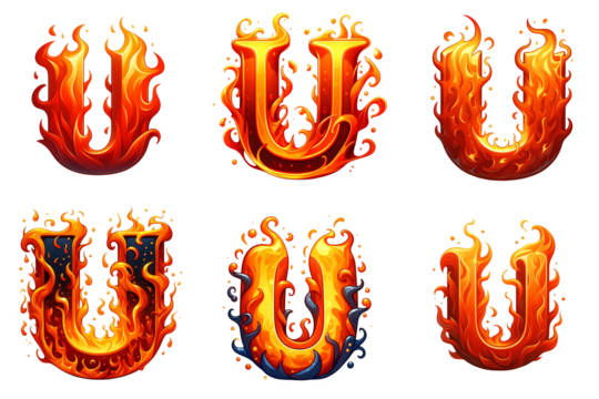U - alphabet letters made from fire, in cartoon style, isolated white background