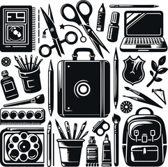 Back to School Education concept black glyph Scissors, Laptop, Glasses Book Backpack, Paint Icon Kit