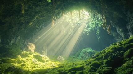 Obraz premium Enchanted cave with moss-covered walls and sunlight, with space for text