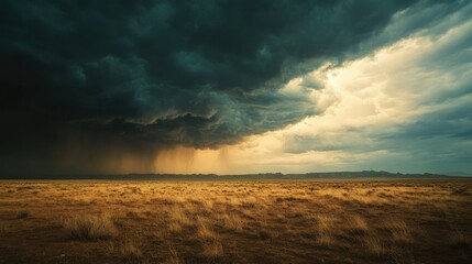 Fierce storm over an open desert landscape, with ample space for text.