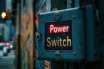 A bold sign displaying "Power Switch" located at an electric grid control station, surrounded by panels and monitoring equipment.