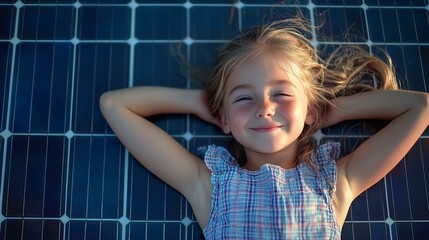 A young girl lies on solar panels, symbolizing the importance of clean energy for future generations.