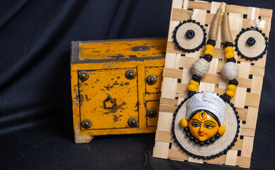 Subho mahalaya, hindu goddess durga idol handmade necklace painted with yellow color with plain...
