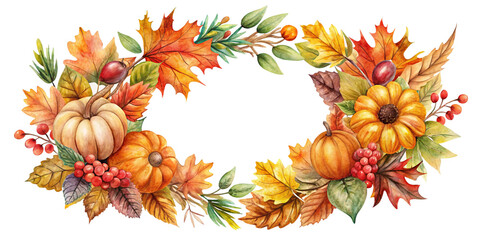 Fototapeta premium Autumn wreath, watercolor clipart illustration with isolated background