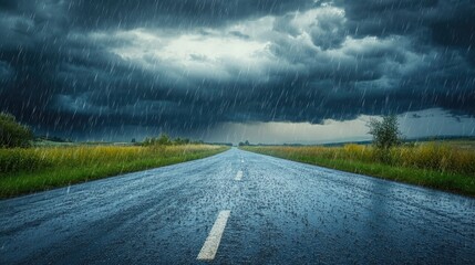 Heavy rain falling on a deserted road under dark storm clouds, with space for text. © ALIS ST