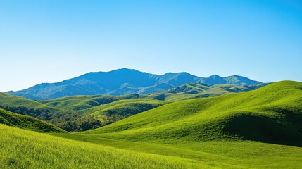 Fototapeta premium Lush green mountain slopes under a clear blue sky, abundant copy space.