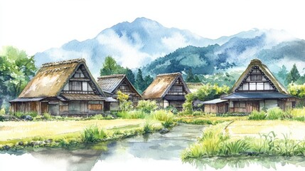 Fototapeta premium Watercolor painting of traditional thatched-roof Japanese houses in rice fields with mountains in the background