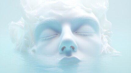 A white face is floating in a body of water. The face is surrounded by foam and he is sleeping. Scene is calm and peaceful, as the face seems to be in a state of relaxation