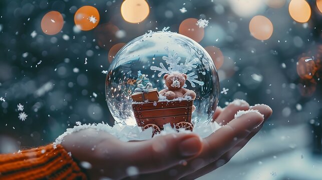 The hand is holding a crystal ball that resembles a wagon with a teddy bear and gifts inside and spinning snowflakes - Powered by Adobe