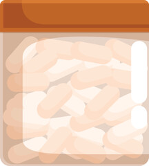 Transparent plastic container full of oval shaped light brown pills, ideal for illustrating medical treatment or pharmaceutical products