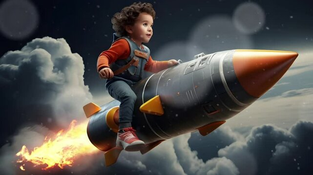 A happy little boy is riding a rocket in space. Seamless 4K looping timelapse video animation background