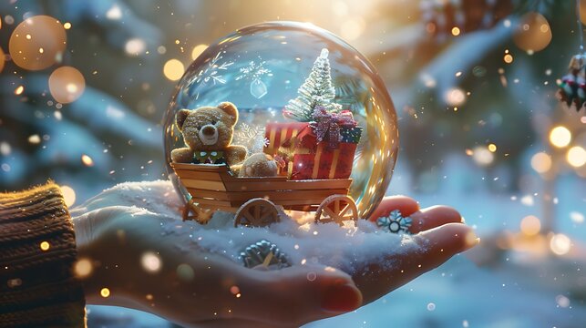 The hand is holding a crystal ball that resembles a wagon with a teddy bear and gifts inside and spinning snowflakes