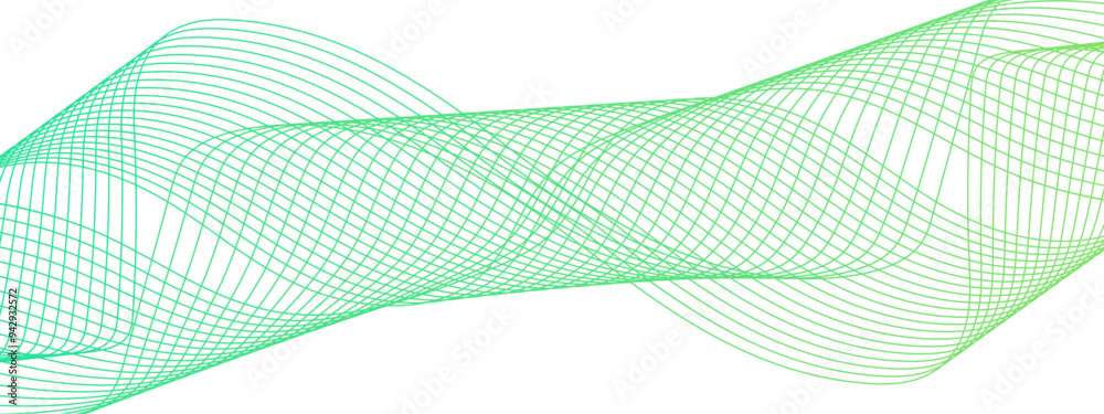 Aufkleber Abstract Green Wave Line Background with Flowing Curves and Dynamic Mesh Pattern. Frequency sound wave lines and technology curve lines. concept business, Brochure, Flyer, Science, Technology.