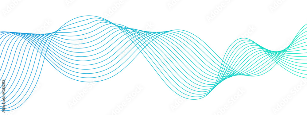 Poster Abstract Blue Wave Line Background with Flowing Curves and Dynamic Mesh Pattern. Frequency sound wave lines and technology curve lines. concept business, Brochure, Flyer, Science, Technology.