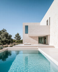 Fototapeta premium Mediterranean luxury villa in modern style with earthy tones and minimalist geometrical spaces. Premium Real Estate image.