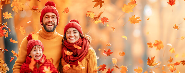 portrait of happy man and woman in yellow sweater and red scarf and hat with child in red sweater and yellow hat and scarf and falling autumnal leave