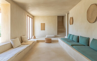 Mediterranean luxury villa in modern style with earthy tones and minimalist geometrical spaces. Premium Real Estate image.