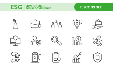 ESG flat editable line icon set. Vector line icon collection related to ecology, environment social governance, risk management, sustainable developmen and more.