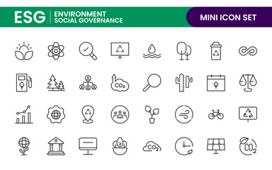 ESG flat editable line icon set. Vector line icon collection related to ecology, environment social governance, risk management, sustainable developmen and more.