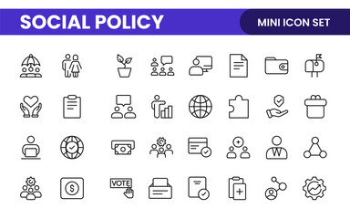 Set of Social Policy and Insuranceline icons. editable line icon collection related to education, insurance, law, goverment and more.