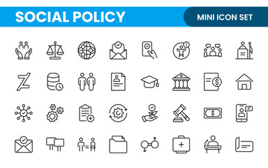 Set of Social Policy and Insuranceline icons. editable line icon collection related to education, insurance, law, goverment and more.