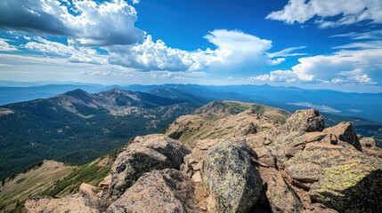 Fototapeta premium Rocky mountain summit with a vast sky backdrop, excellent for copy space.