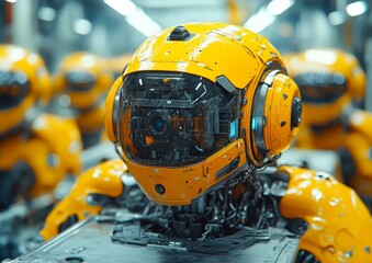 Fototapeta premium A row of yellow robotic heads in a factory setting highlights advanced technology and automation, perfect for depicting futuristic manufacturing or AI development themes,