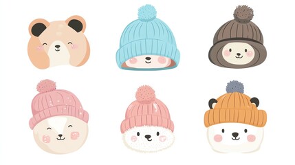 Cute accessories set clipart, kawaii beanies, soft and cozy, isolated on white background