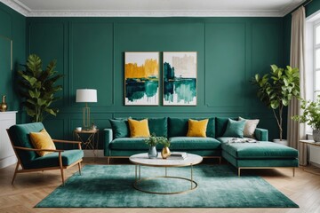 Stylish living room interior idea with green, blue and gold colors