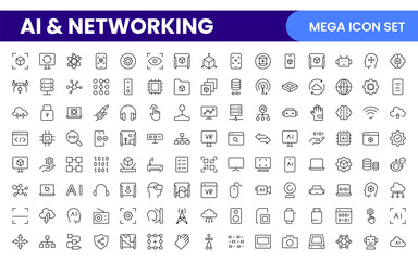 Artificial intelligence and Networking technology icon set. AI and networking editable line icon illustration.