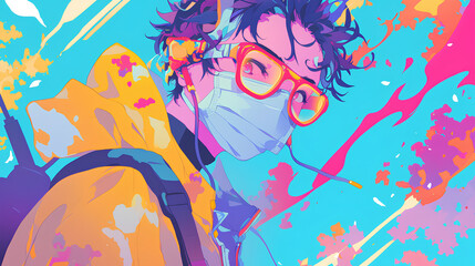 a man wearing a mask, anime style, cute kawaii, simple, smiling happy, neon psychedelic background