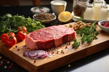Fototapeta premium raw meat and vegetables and herbs on a wooden board, delicious food