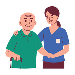 Happy Female Nurse Caretaker Assisting Senior Man at Nursing Hospital