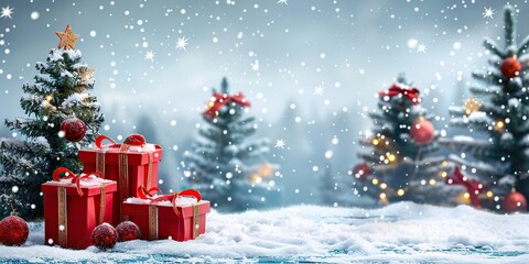 Wrapped Red Christmas gifts, golden ribbons, bow against a light blue winter snowy decorated trees. Snow particles dust, Xmas lights bokeh. Festive wide banner template with space for text, montage