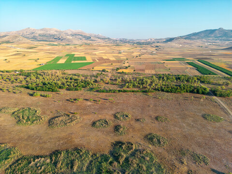 Aerial view of the fields around Karatas Lake in Burdur, Turkey