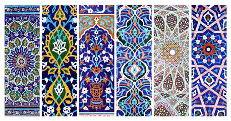 Set of vertical or horizontal banners with detail of ancient mosaic walls with floral and geometric ornaments. Collection of backgrounds with traditional iranian tile decorations