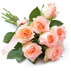 Fototapeta premium Bouquet of fresh roses tied with a ribbon, isolated on a white background