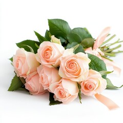 Bouquet of fresh roses tied with a ribbon, isolated on a white background