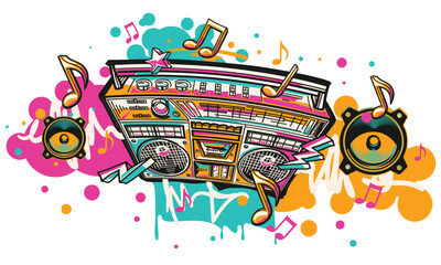 Music design - colorful boom box tape recorder and musical notes